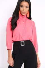 Coral Ruffle Neck Blouse with Cut out Back - Amelie-Tops