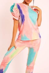 Coral Tie Die Puff Sleeve Loungewear Co-ord - Okla-Loungewear