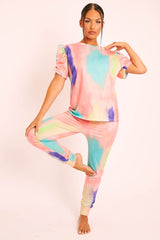 Coral Tie Die Puff Sleeve Loungewear Co-ord - Okla-Loungewear