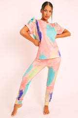 Coral Tie Die Puff Sleeve Loungewear Co-ord - Okla-Loungewear