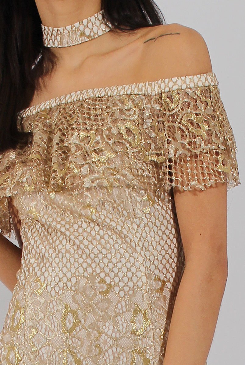Cream And Gold Lace Frill Bardot Choker Dress - Jolie-Dresses