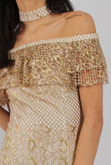 Cream And Gold Lace Frill Bardot Choker Dress - Jolie-Dresses