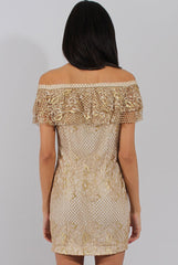 Cream And Gold Lace Frill Bardot Choker Dress - Jolie-Dresses