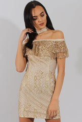 Cream And Gold Lace Frill Bardot Choker Dress - Jolie-Dresses