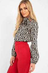 Cream Aztec Print Satin Long Sleeve Bow Shirt - Abrah-Shirts