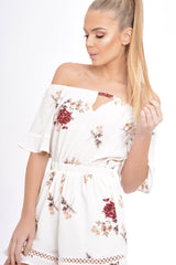Cream Bardot Floral Playsuit - Estee-Playsuits