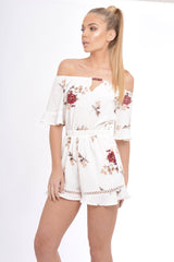 Cream Bardot Floral Playsuit - Estee-Playsuits
