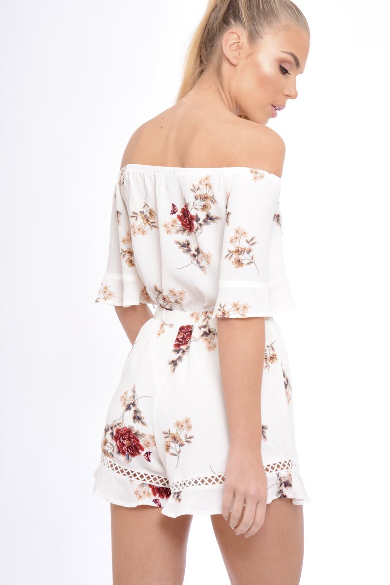 Cream Bardot Floral Playsuit - Estee-Playsuits