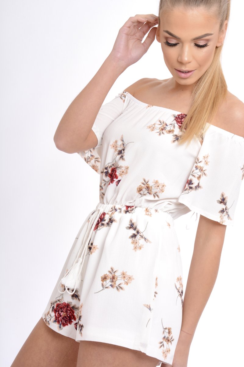 Cream Bardot Floral Tassel Playsuit - Keren-Playsuits