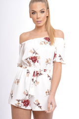 Cream Bardot Floral Tassel Playsuit - Keren-Playsuits
