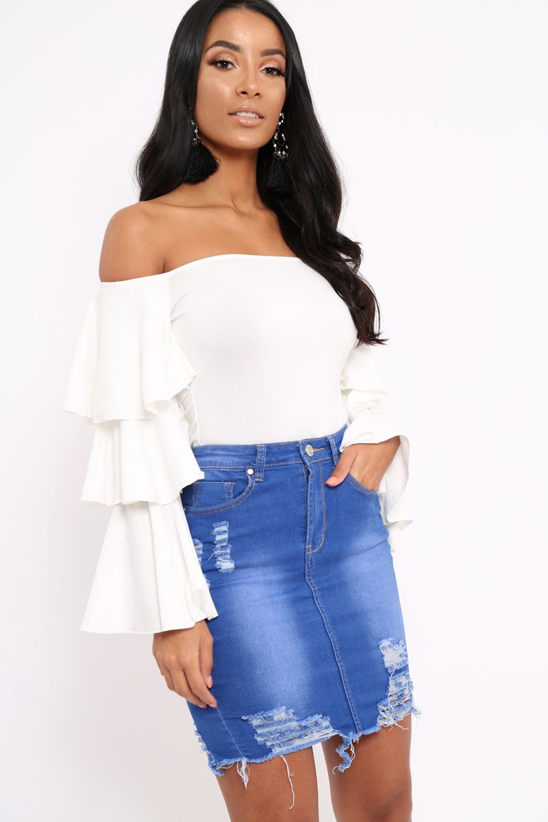 Cream Bardot Top with Frill Sleeves - Brigid-Tops