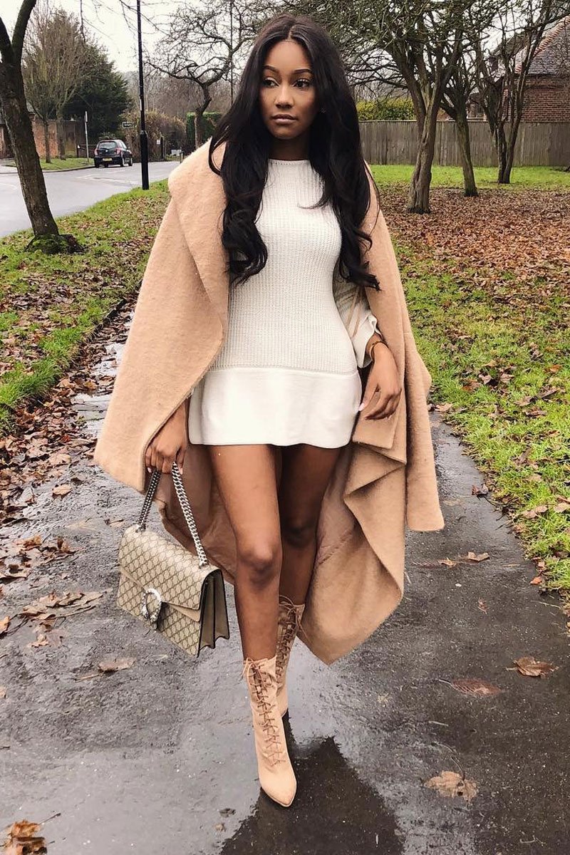 Cream Bell Sleeve Extreme Hem Chunky Knit Jumper Dress - Paige-Dresses