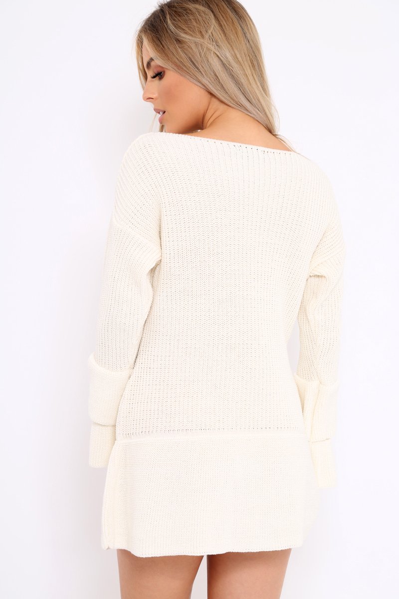 Cream Bell Sleeve Extreme Hem Chunky Knit Jumper Dress - Paige-Dresses