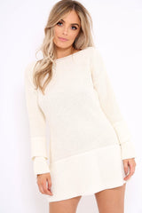 Cream Bell Sleeve Extreme Hem Chunky Knit Jumper Dress - Paige-Dresses