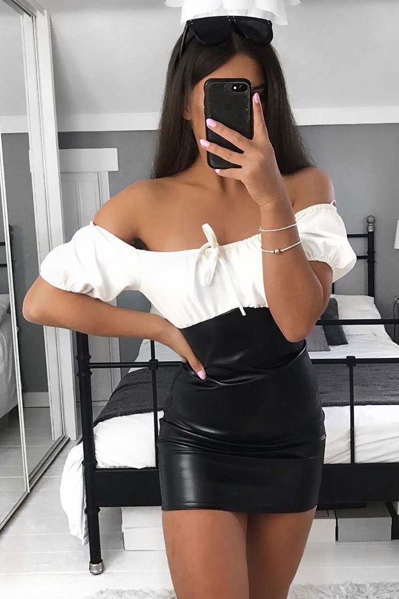 Cream Black PU Puff Sleeve Tie Front Dress Bodycon - Angelina-Dresses
