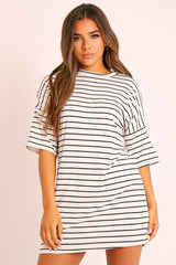Cream Black Striped T-shirt Dress - Hanaa-T-shirt