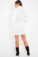 Cream Button Front Roll Neck Jumper Dress - Ericka-Dresses