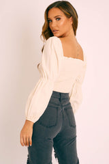 Cream Button Up Milkmaid Crop Top - Miyah-Crop Tops