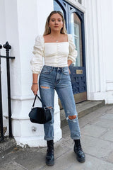 Cream Button Up Milkmaid Crop Top - Miyah-Crop Tops