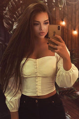 Cream Button Up Milkmaid Crop Top - Miyah-Crop Tops