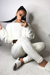 Cream Cable Knit Batwing Jumper Loungwear Set - Janea-Co-ords