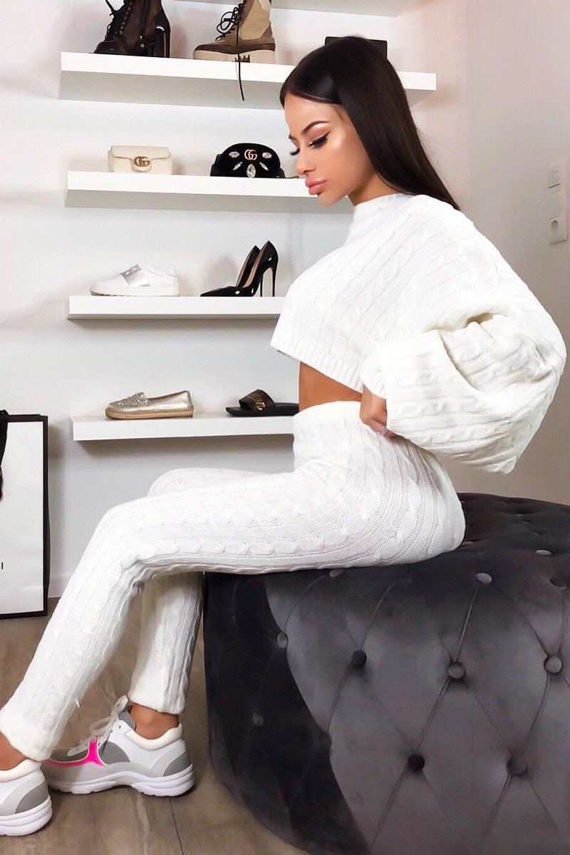 Cream Cable Knit Batwing Jumper Loungwear Set - Janea-Co-ords