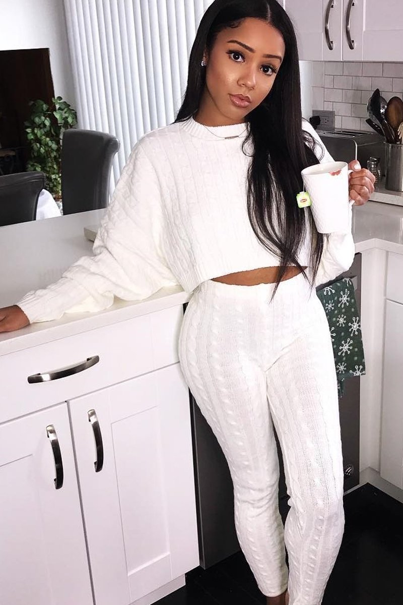 Cream Cable Knit Batwing Jumper Loungwear Set - Janea-Co-ords