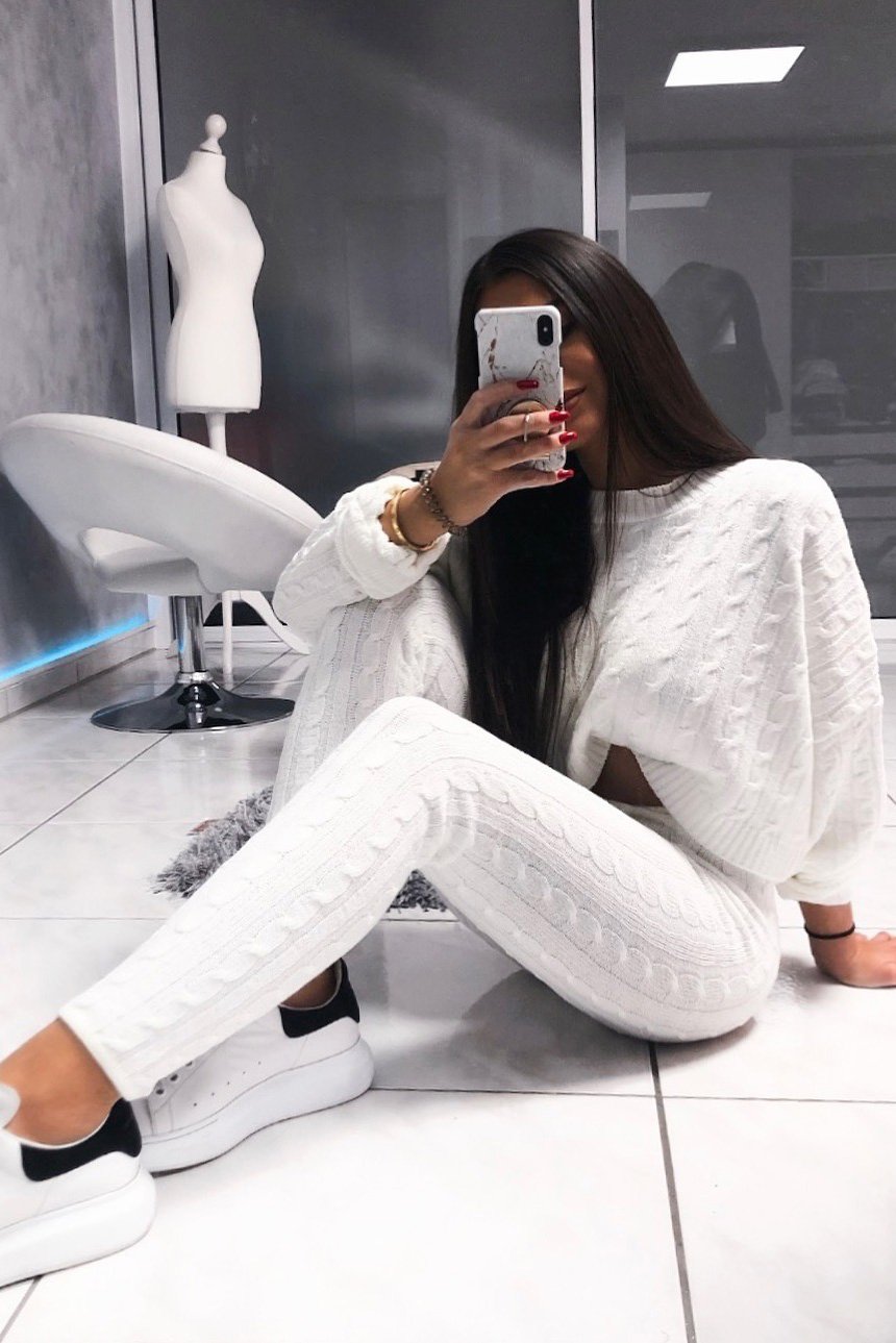 Cream Cable Knit Batwing Jumper Loungwear Set - Janea-Co-ords