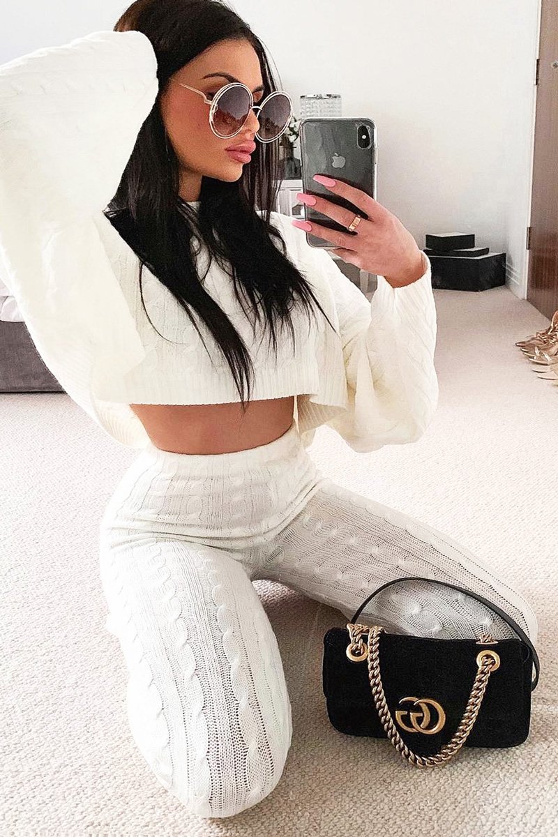 Cream Cable Knit Batwing Jumper Loungwear Set - Janea-Co-ords