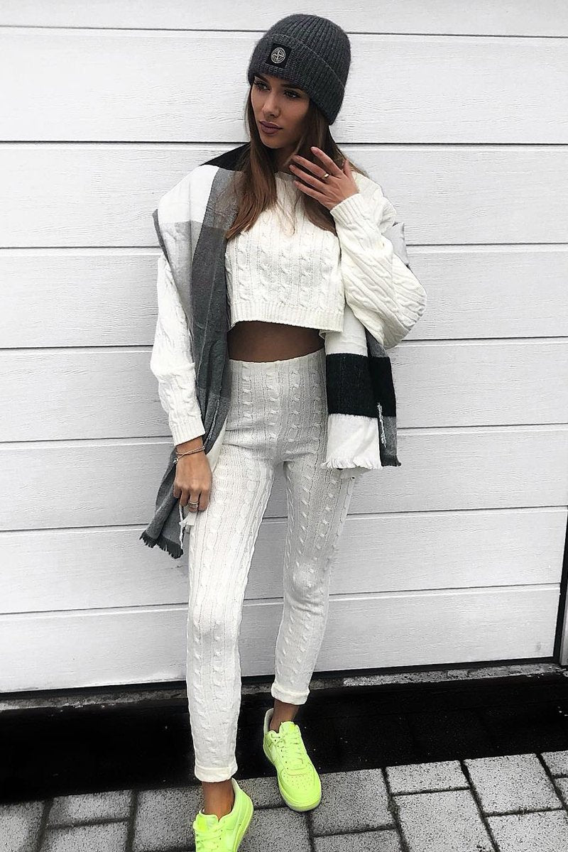 Cream Cable Knit Batwing Jumper Loungwear Set - Janea-Co-ords