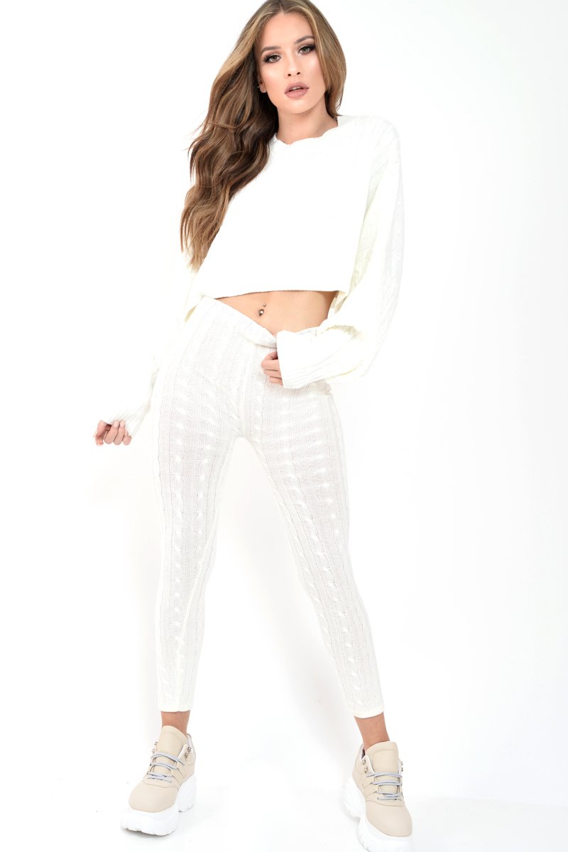 Cream Cable Knit Batwing Jumper Loungwear Set - Janea-Co-ords