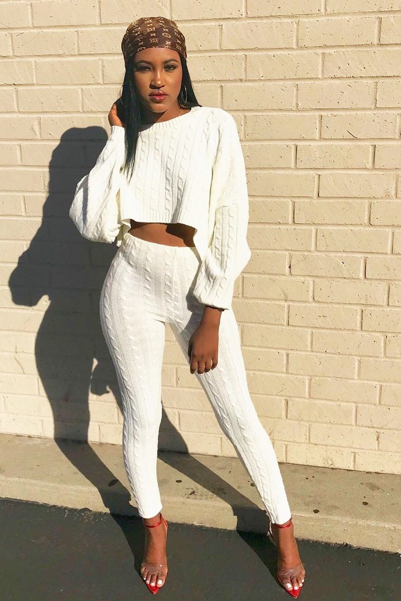Cream Cable Knit Batwing Jumper Loungwear Set - Janea-Co-ords