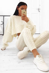 Cream Cable Knit Batwing Jumper Loungwear Set - Janea-Co-ords