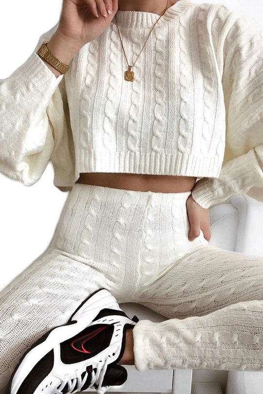 Cream Cable Knit Batwing Jumper Loungwear Set - Janea
