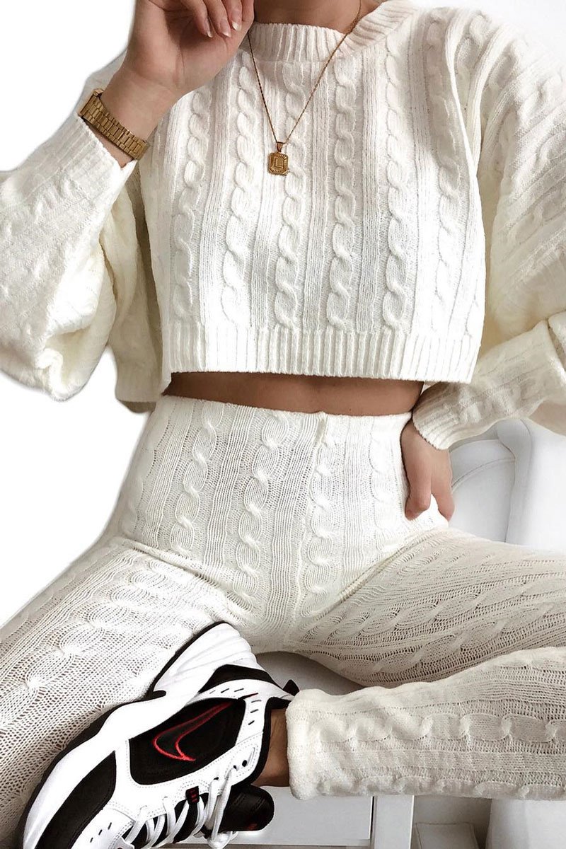 Cream Cable Knit Batwing Jumper Loungwear Set - Janea-Co-ords