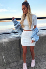Cream Cable Knit Crop Top And Skirt Co-ord - Galiana-Co-ords