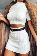 Cream Cable Knit Crop Top And Skirt Co-ord - Galiana-Co-ords