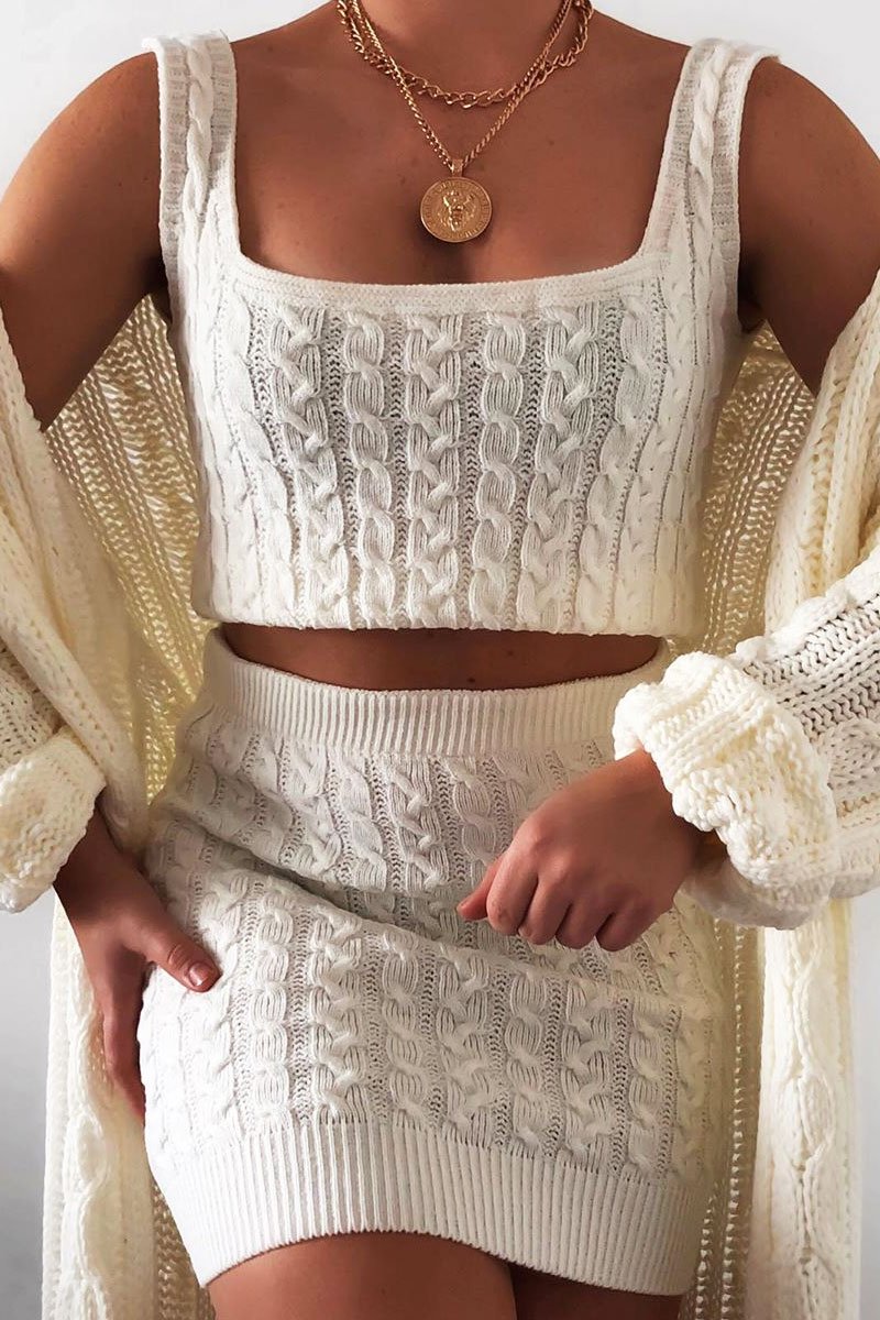 Cream Cable Knit Crop Top Skirt Co-ord - Vennie-Co-ords