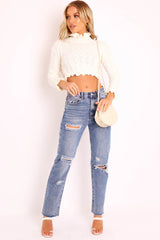 Cream Cable Knit Frill Neck Jumper - Jacie-Jumper