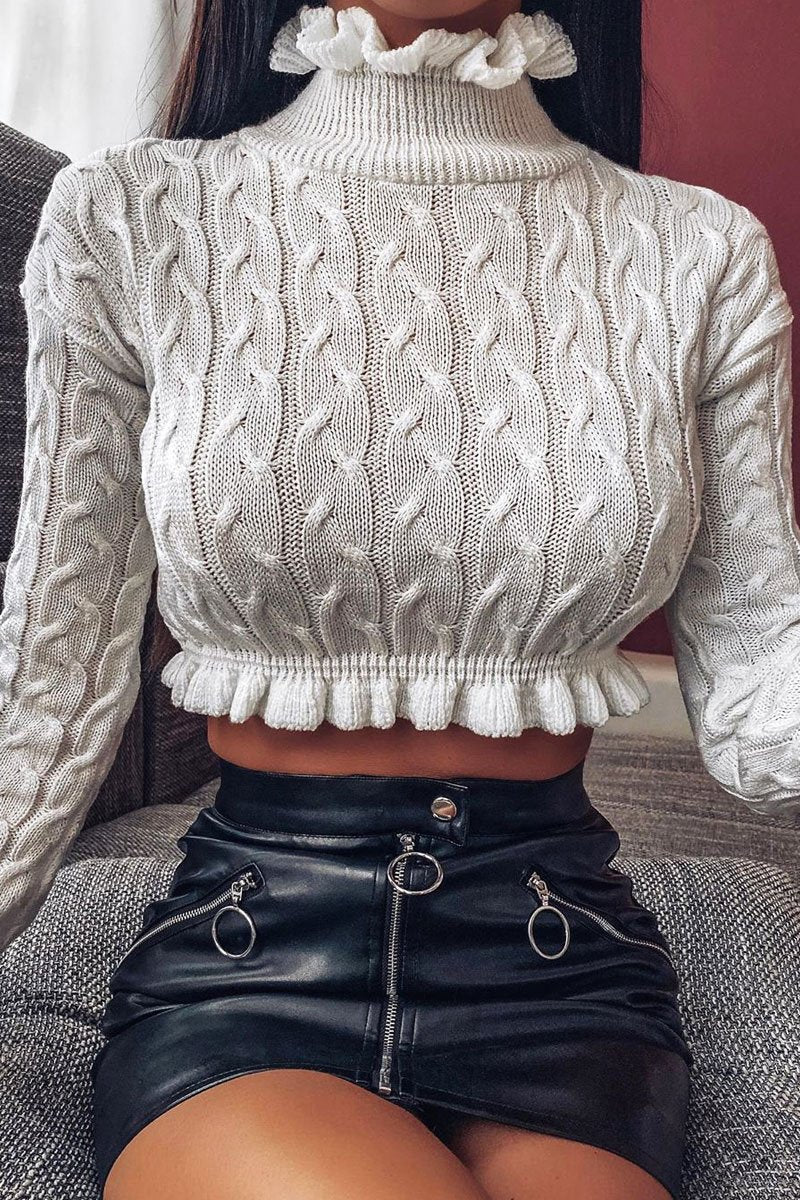 Cream Cable Knit Frill Neck Jumper - Jacie-Jumper