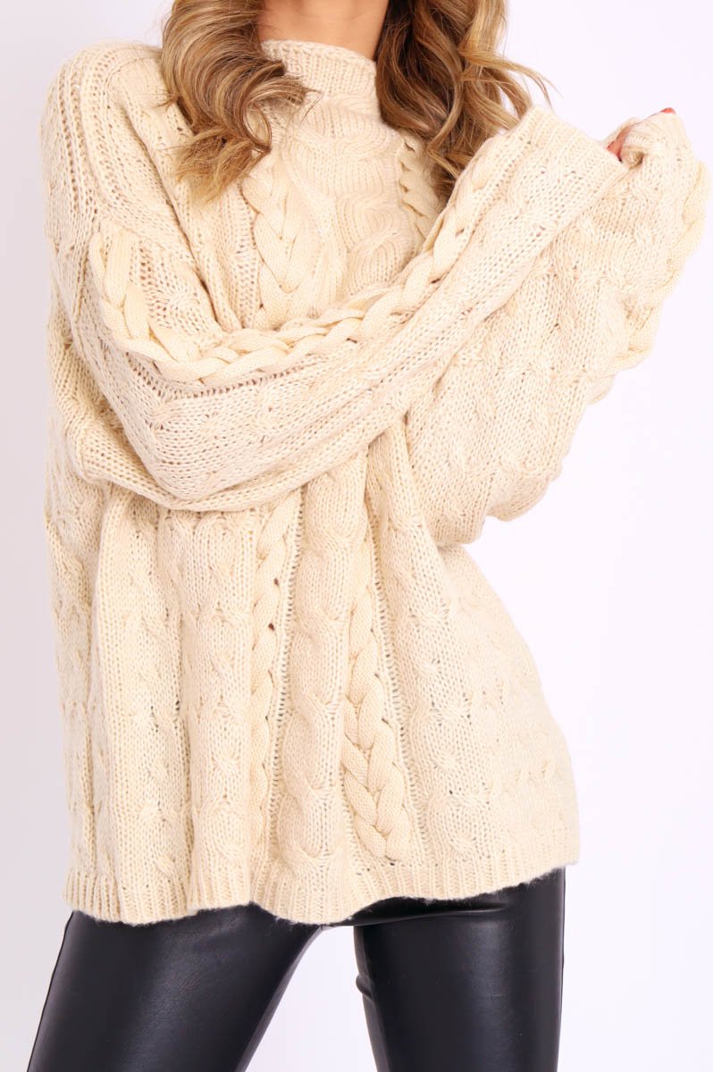 Cream Cable Knit High Neck Oversized Jumper - Kiyla-Knitwear