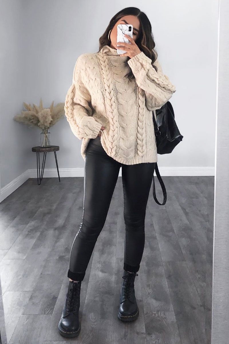 Cream Cable Knit High Neck Oversized Jumper - Kiyla-Knitwear