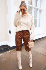 Cream Cable Knit High Neck Oversized Jumper - Kiyla-Knitwear