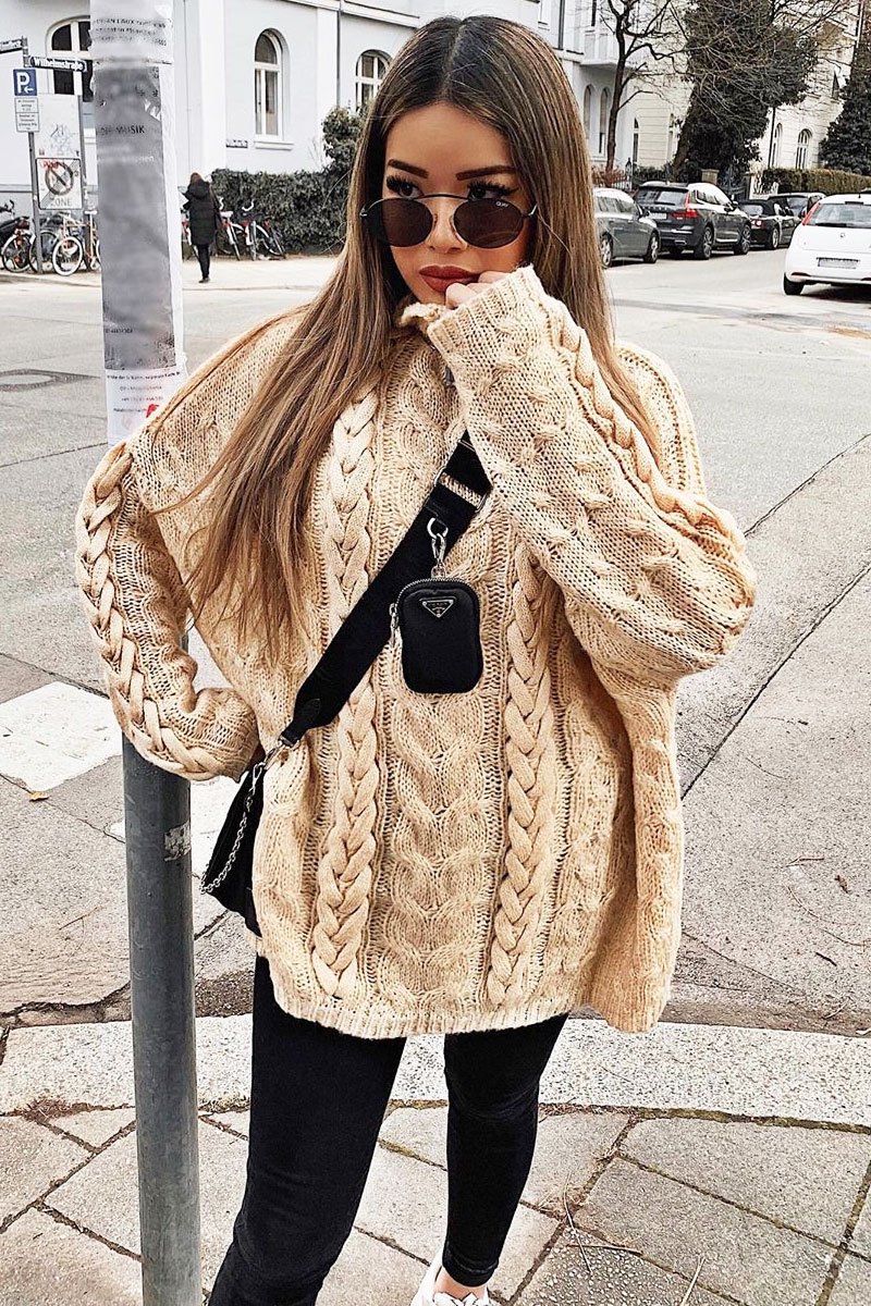 Cream Cable Knit High Neck Oversized Jumper - Kiyla-Knitwear