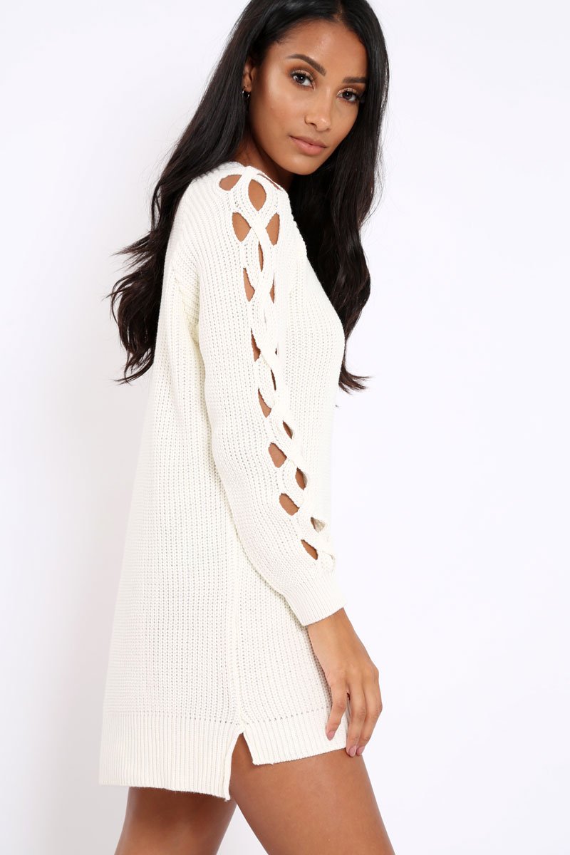 Cream Cable Knit Jumper Dress with Cut out Detail - Daysie-Jumper