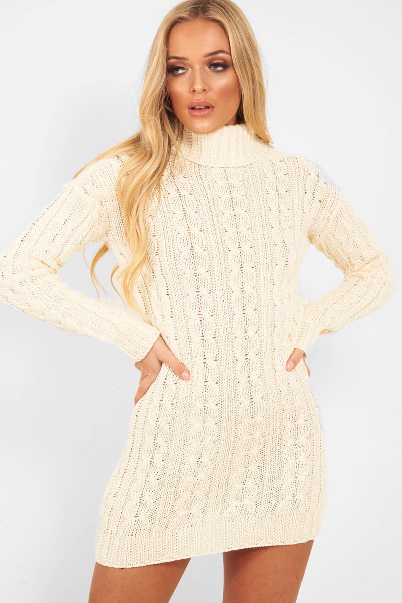 Cream Cable Knit Roll Neck Jumper Dress - Matilda-Dresses