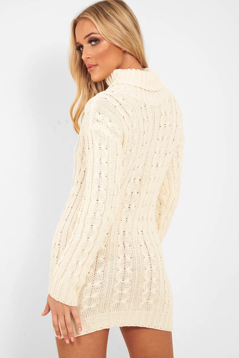 Cream Cable Knit Roll Neck Jumper Dress - Matilda Rebellious Fashion Cream Cable Knit Roll Neck Jumper Dress - Matilda Rebellious Fashion
