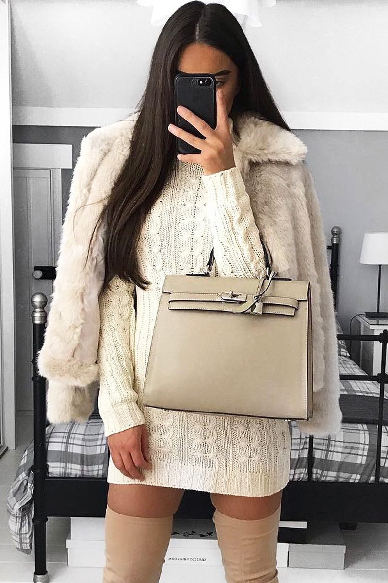Cream Cable Knit Roll Neck Jumper Dress - Matilda-Dresses