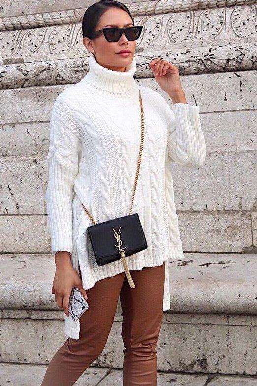 Cream Cable Knit Roll Neck Jumper - Laraina-Jumper