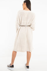 Cream Cable Knit Side Split Jumper Dress - Maniya-Dresses